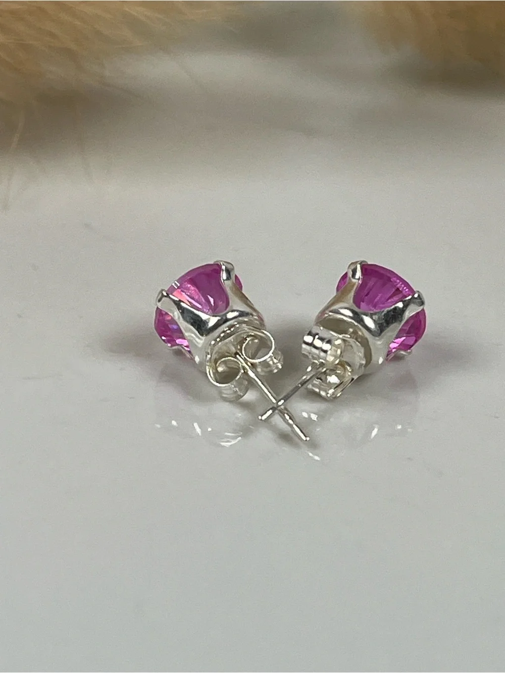 Solid Sterling Silver Pink Sapphire Gemstone Stud Post Back Earrings